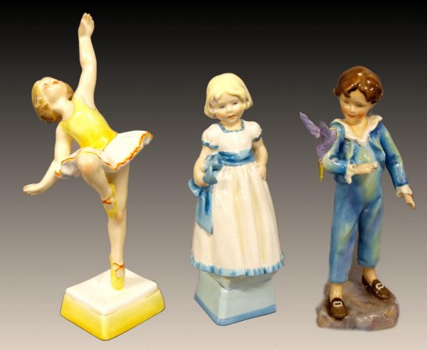 (3) ROYAL WORCESTER PORCELAIN FIGURES, PARAKEET: (lot of 3) Royal Worcester porcelain figures, (1) 'Parakeet' modeled by F.G. Doughty, design 308, 7.25"h; (1) 'Tuesday's Child' design 3258, 9"h; (1) 'Monday's Child' design 3257, 7.25"h; no loss note