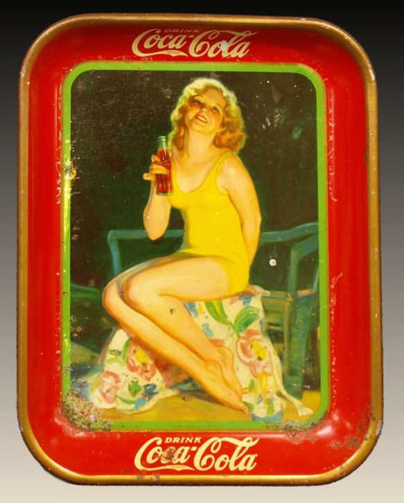 VINTAGE COCA COLA TRAY, YELLOW SWIMSUIT, 1932: 1932 'Yellow Swimsuit' Coca Cola advertising tray by American Art Works, wear to surface, some rust with age, 13.5"h, 10.5"w, 1lb