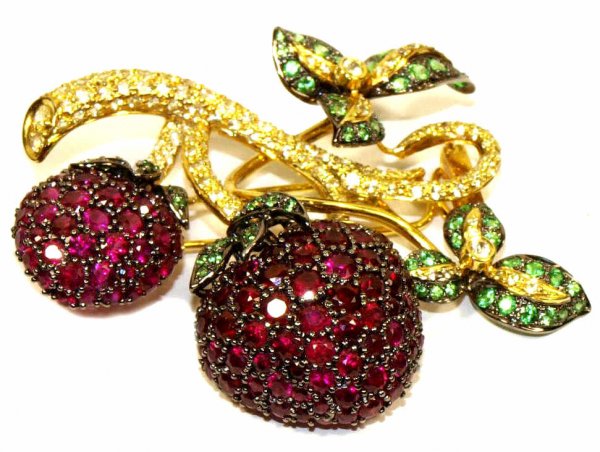 FINE CUSTOM 18KT GOLD,DIAMOND,RUBY,GARNET BROOCH