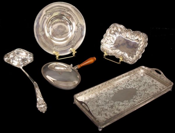 (5) SILVER PLATE ARTICLES,LARGE LADLE,BUTLERS TRAY