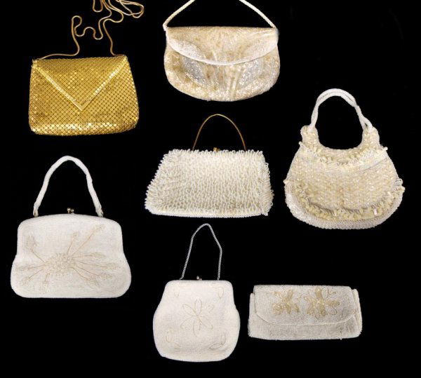 VINTAGE MESH, MICRO & BEADED PURSE COLLECTION: (lot of 7) Vintage beaded and mesh purses: (1) made in Japan, white microbeads forming floral designs, one having a hinge frame and chain handle; (2) made in Hong Kong, a variety of iridescent white b