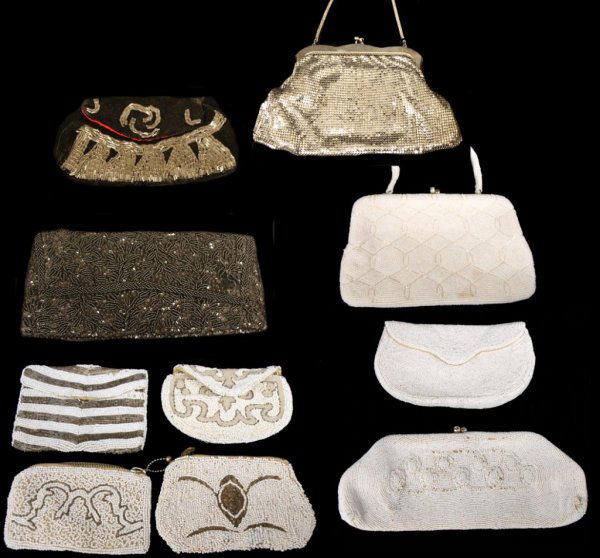 COLLECTION VINTAGE HAND BEADED & MESH PURSES: (lot of 10) Vintage hand beaded and mesh purses: (1) silver mesh handbag, hinged frame, snake chain handle; (1) Hong Kong hand bag, black microbeads and sequins in floral design; (2) made in Belgium,