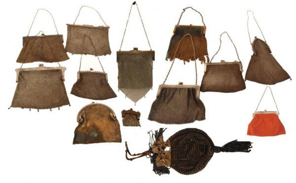 GROUP GERMAN SILVER & PLATE MESH AND BEADED PURSES: (lot of 13) Antique and vintage mesh and beaded purses: (1) Whiting and Davis, gold tone, mesh fringe at bottom, one side of hinge detached, 11:h, 6"w; (8) German silver mesh bags, hinge frames, some