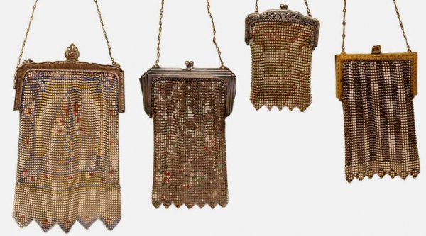 ANTIQUE ENAMELED MESH PURSES, WHITING & DAVIS: (lot of 4) Group of enameled mesh handbags: (1) Whiting and Davis, colorful geometric enameled design, embossed hinged frame having elaborate snap closure, satin lined, loss to liner, 15"h, 6"w; (1) h