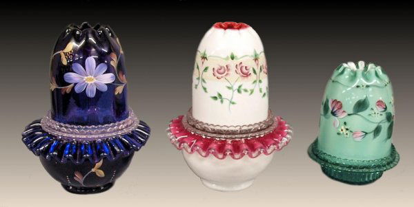 (3)LIMITED EDITION FENTON HAND PAINTED FAIRY LAMPS: (lot of 3) Fenton hand painted fairy lamps: (1) 3-piece limited edition amethyst glass lamp having colorless glass insert, both top and base hand painted, top and base signed illegibly by artist, mark