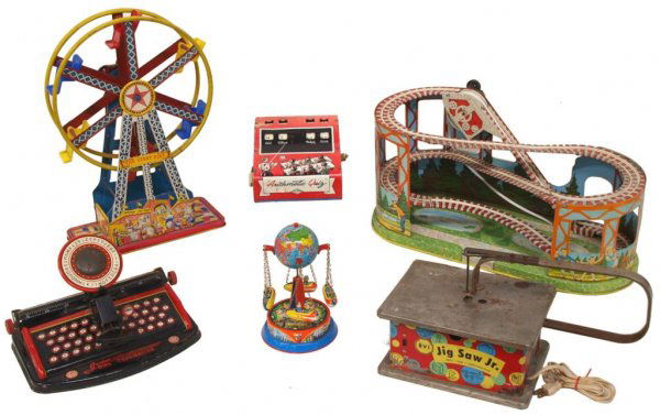 VINTAGE TIN LITHOGRAPH WIND-UP & OTHER TOYS: (lot of 6) Collection of vintage tin lithograph toys: (1) Ohio Art wind-up ferris wheel set with six colorful plastic seats, some scratches/rust with age, 16.5"h, 11"w, 5"d; (1) Western Germany wind-u