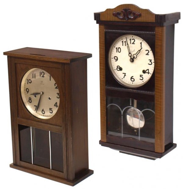 (2) GERMAN & JAPANESE HANGING WALL CLOCKS: (lot of 2) Wall clocks: (1) Junghans (Germany) wall clock, c. 1920, oak case, time & chime strike movement, 17.25"h, 11.75"w, 5.25"d; (1) Pearl (Japan) wall clock, time & strike movement, 19"h, 9.5"w,