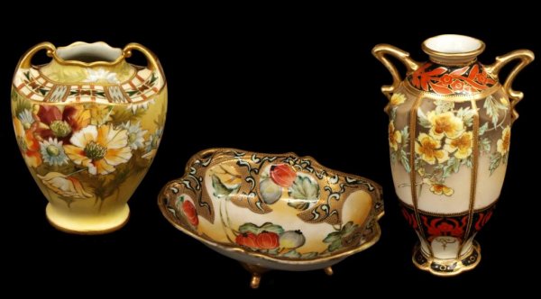 (3) NIPPON PORCELAIN VASES & MELON BOWL: (lot of 3) Hand painted Nippon porcelain: (1) two-handle vase decorated in floral motif with moriage & gilt accents, green wreath mark of Morimura Brothers, 9"h, 5.75"w, 4.25"d; (1) two-handled vase, 