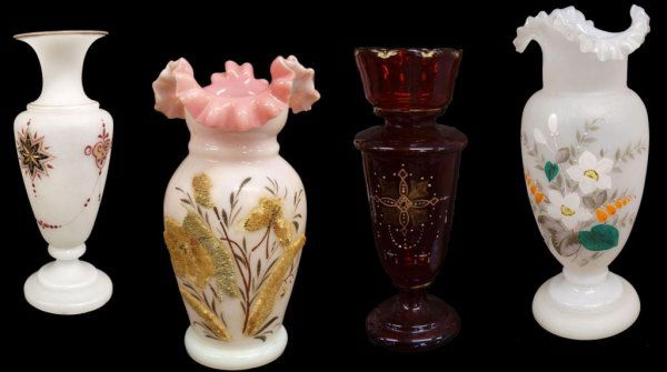 ANTIQUE CORALINE, BRISTOL & RUBY RED GLASS VASES: (lot of 4) Victorian glass vases comprising: (1) white/pink opaline vase having a ruffled neck, the bulbous body hand painted and decorated with coraline in a floral motif, some loss of beads with age