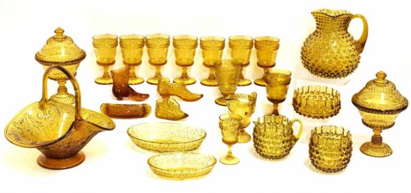 LARGE COLLECTION OF HOBNAIL & PRESSED AMBER GLASS