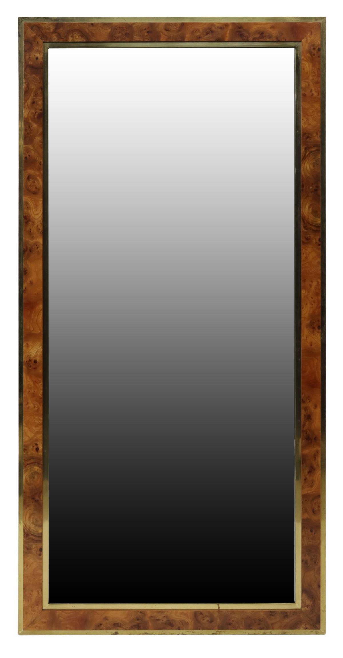 MODERN BRASS & BURLWOOD WALL MIRROR, 55" X 27.5" (1 of 3)