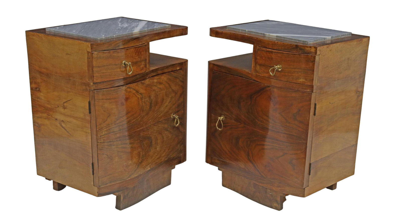 (2) ART DECO MARBLE-TOP FIGURED WALNUT NIGHTSTANDS (1 of 5)