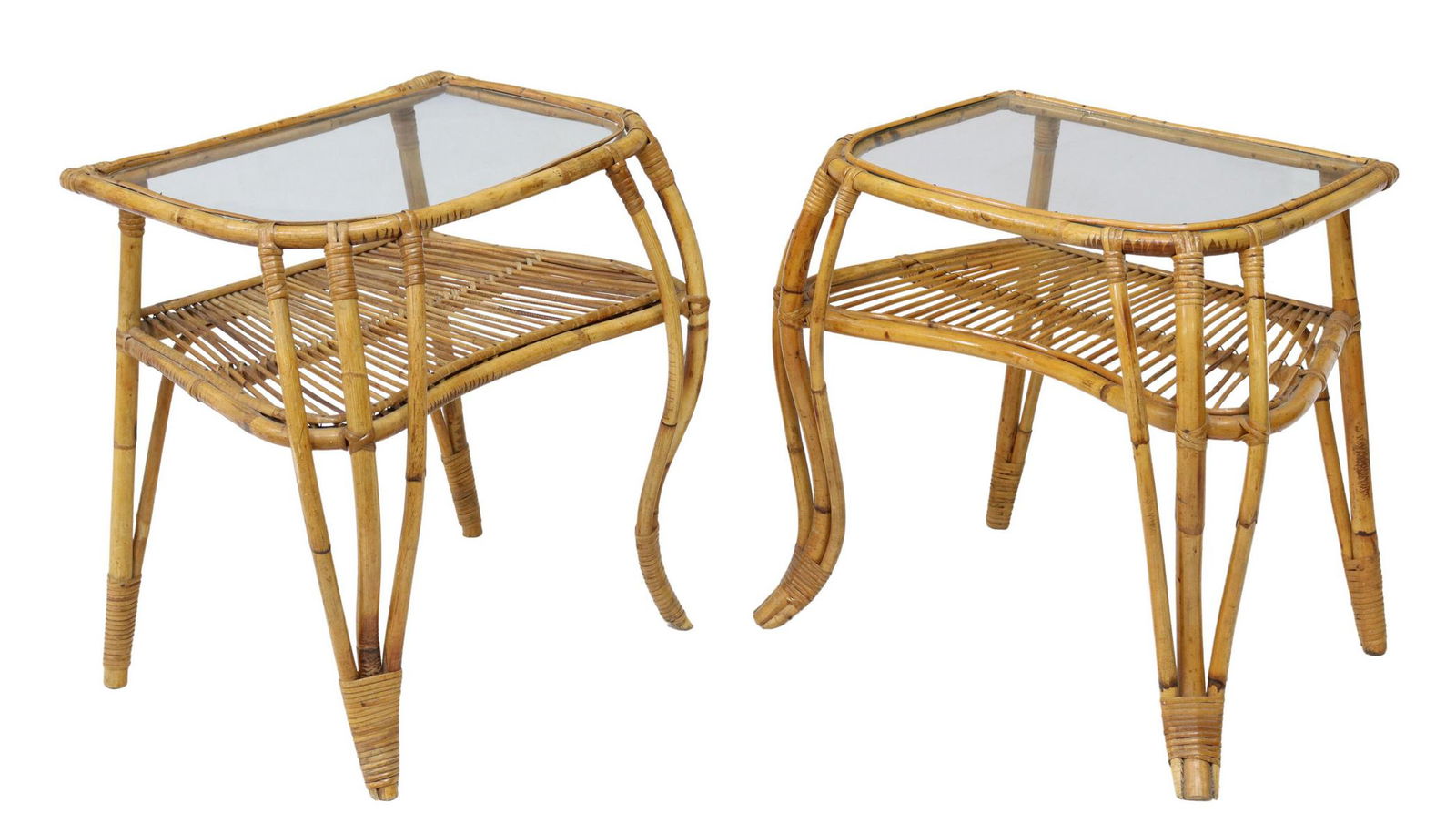 (2) VINTAGE GLASS-TOP BAMBOO & RATTAN SIDE TABLES (1 of 4)
