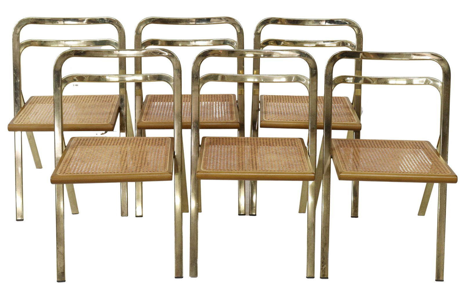 (6) GIORGIO CATTELAN CIDEU MODERN FOLDING CHAIRS: (lot of 6) Italian modern chairs, Giorgio Cattelan for Cidue, c.1970s, folding gilt metal frame, with cane seat, on black-capped feet, approx 30.75"h, 19.5"w, 17"d, seat height: 18.5"h Start Price: $6