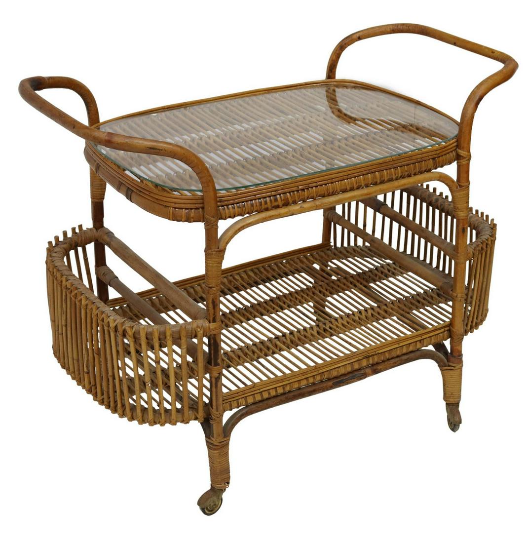 VINTAGE GLASS-TOP BAMBOO & RATTAN SERVICE BAR CART (1 of 4)