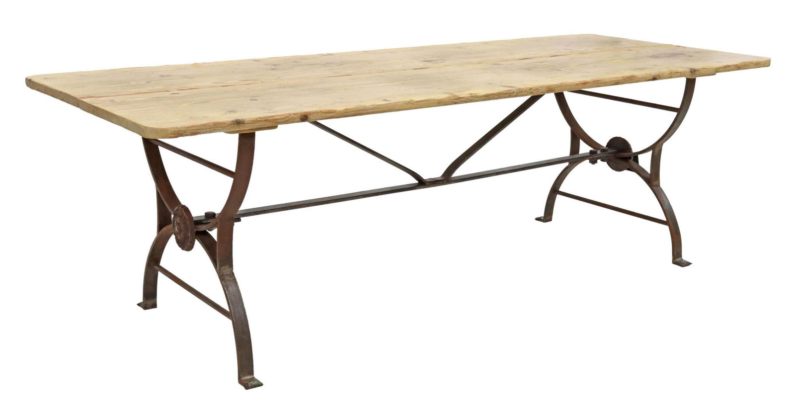 LARGE PINE & WROUGHT IRON COFFEE TABLE, 62"L (1 of 4)