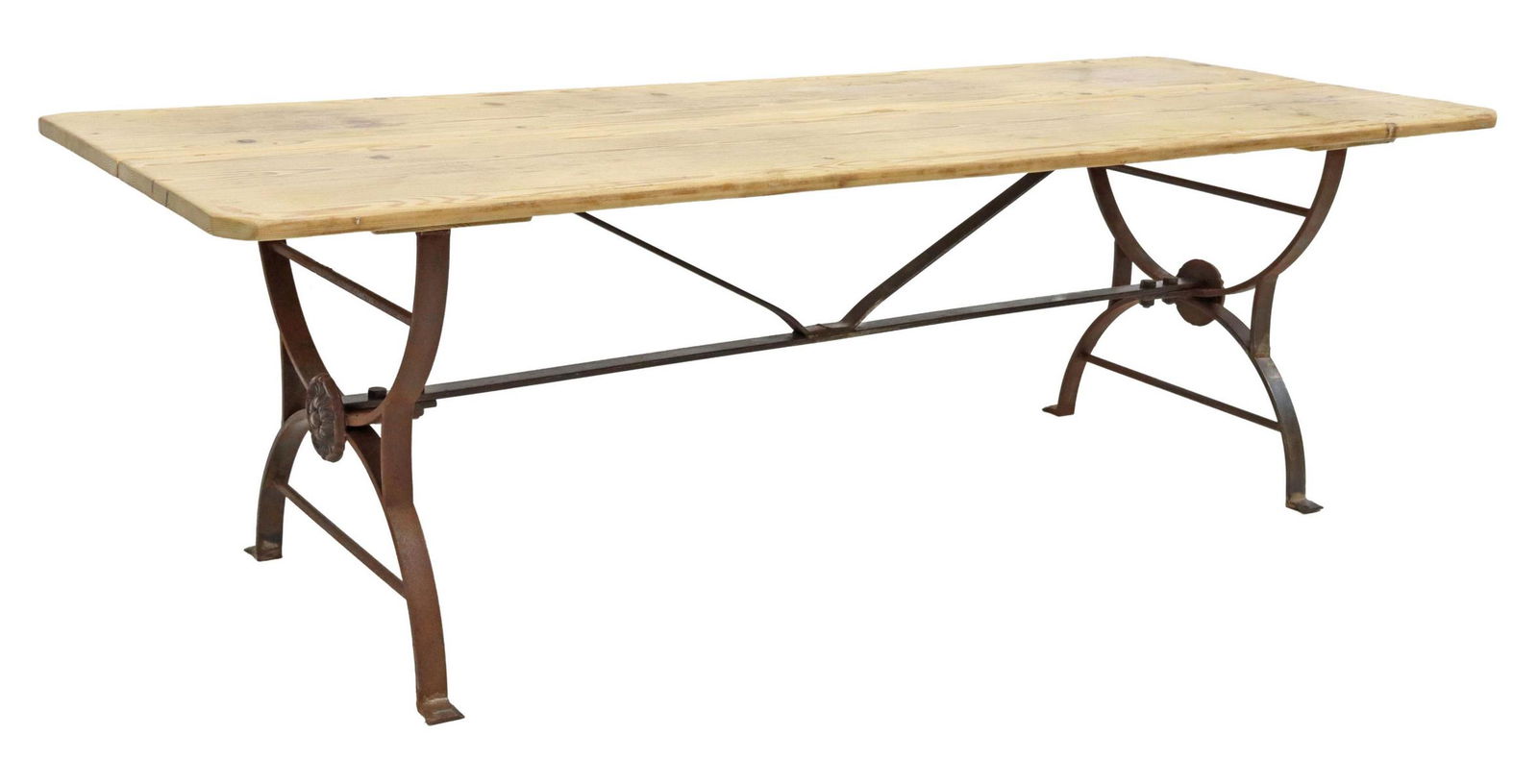 LARGE PINE AND WROUGHT IRON COFFEE TABLE, 63"L (1 of 4)