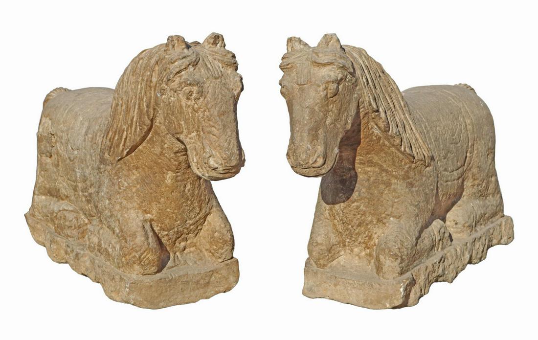 (2) CHINESE CARVED STONE HORSE SCULPTURES (1 of 3)