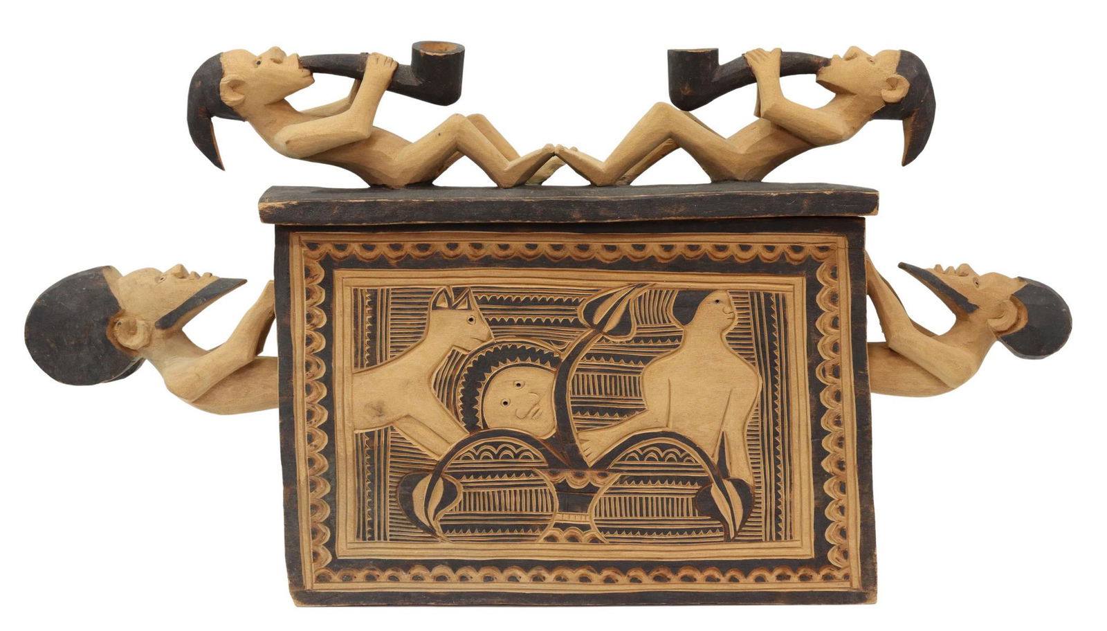 AFRICAN TRIBAL CARVED & PIGMENTED WOOD BOX (1 of 4)