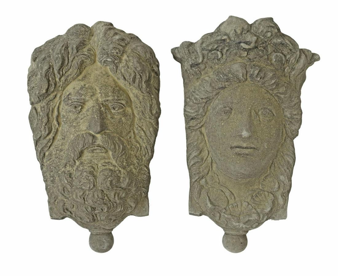 (2) CAST STONE CLASSICAL MASKS WALL PLANTERS (1 of 2)