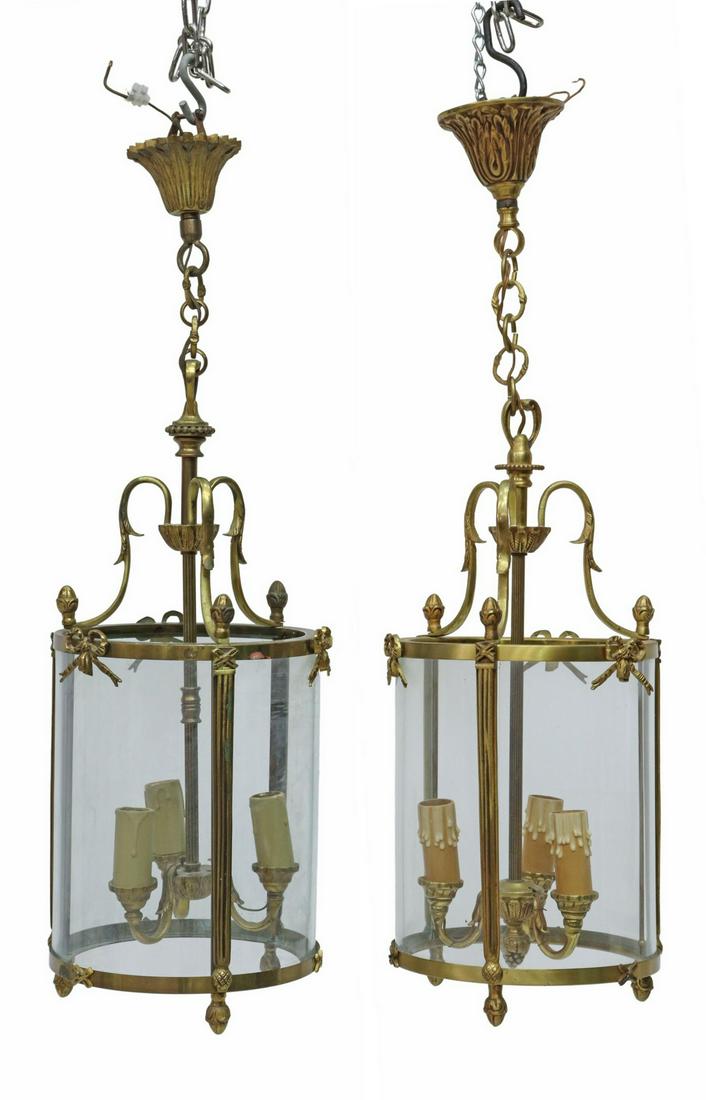 (2) FRENCH BRASS GLASS CYLINDER 3-LIGHT LANTERNS (1 of 2)