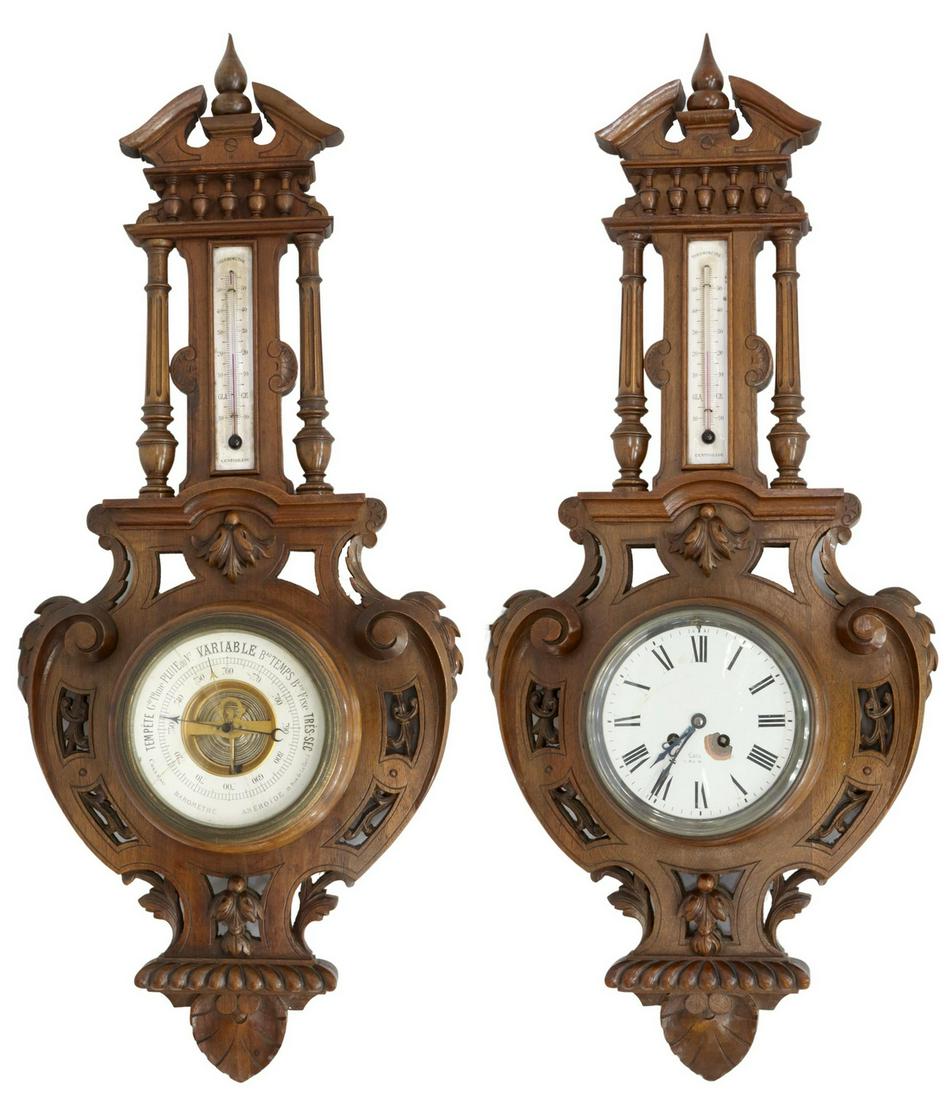 (2) FRENCH CARVED WALNUT WALL BAROMETER & CLOCK (1 of 5)