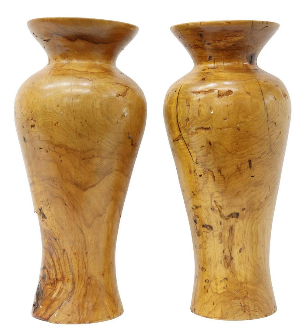 (2) LARGE SPALTED PECAN TURNED WOOD VASES (1 of 4)