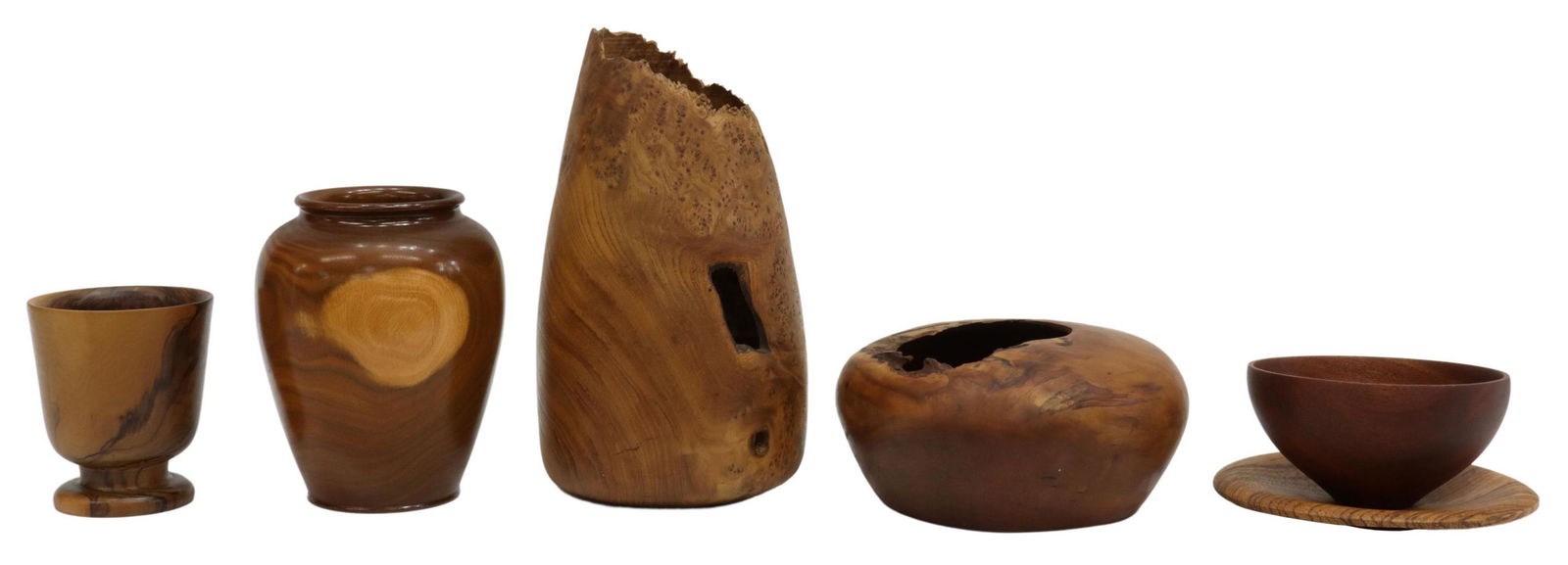 (6) HANDMADE EXOTIC WOOD VASES, BOWL, PLATE (1 of 6)
