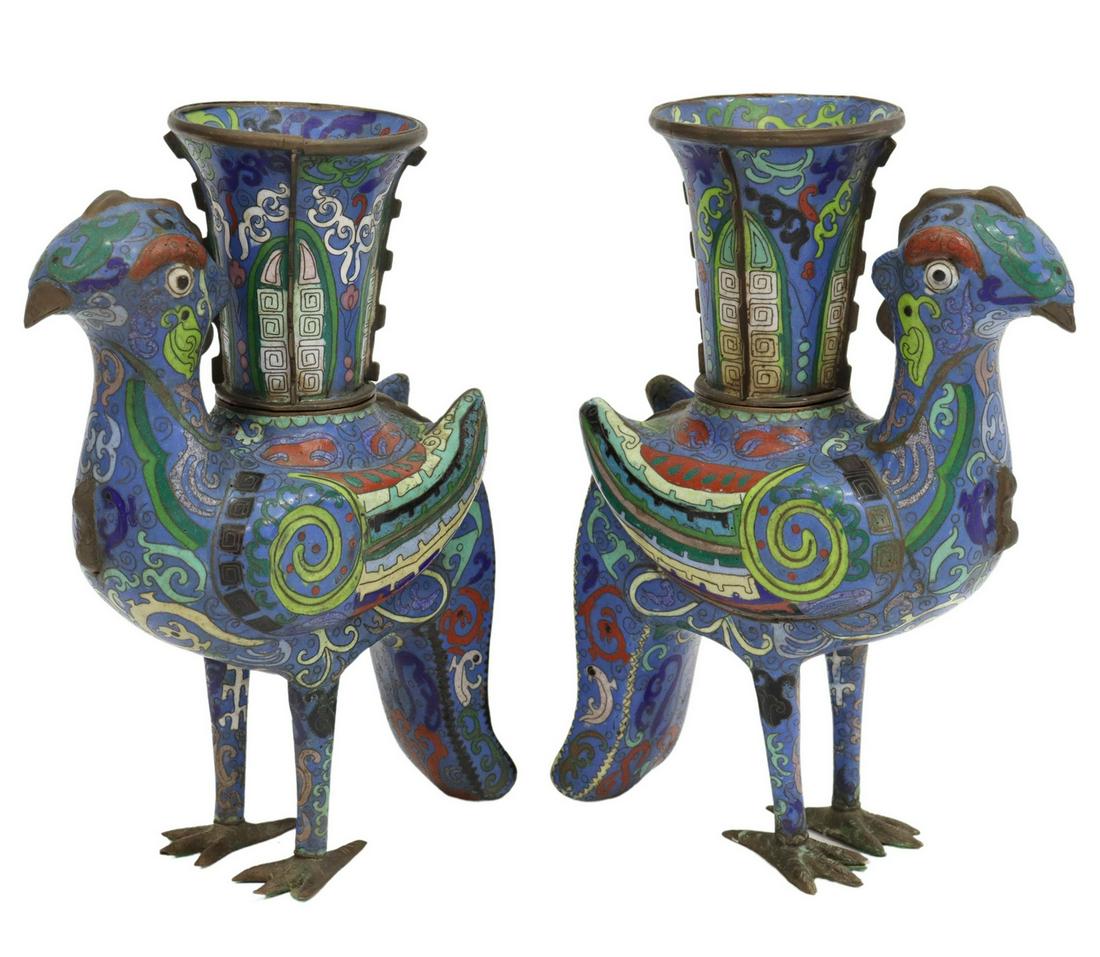 (2) CHINESE CLOISONNE ENAMEL BIRD BEAKER VASES (1 of 3)