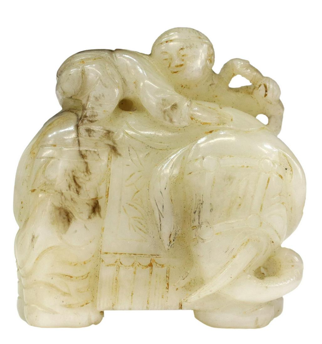CHINESE CARVED JADE CHILD & ELEPHANT ORNAMENT (1 of 2)