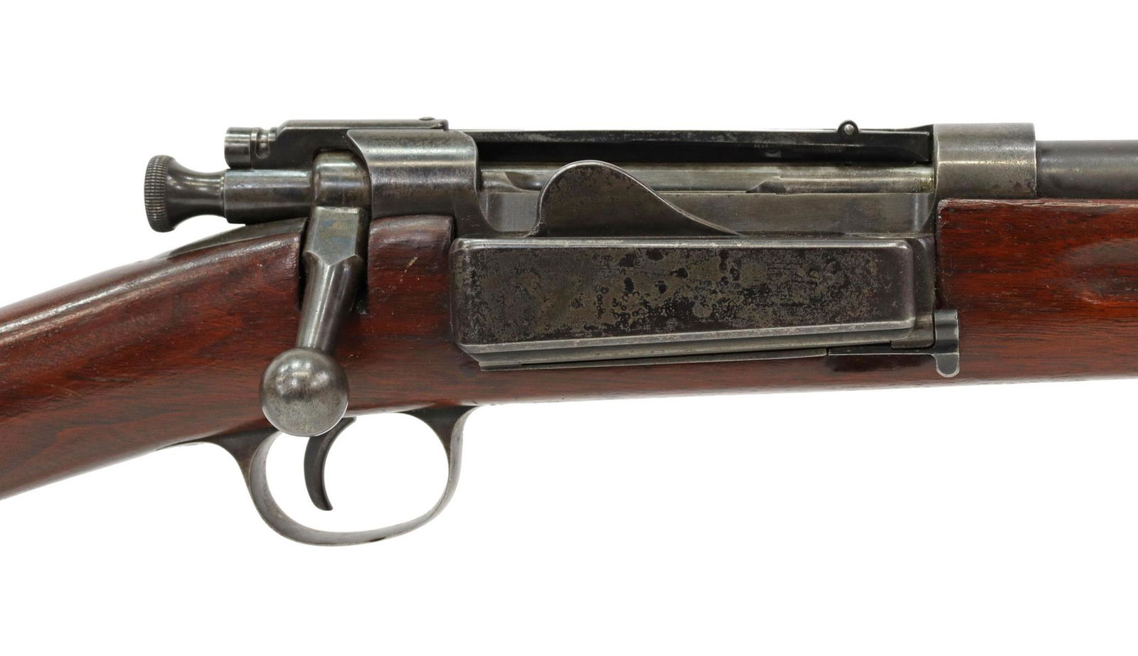 US SPRINGFIELD M1898 KRAG SPORTERIZED 30-40 RIFLE: U.S. Springfield Armory Model 1898 Krag rifle, Sporterized, mfg. 1902, bolt action, .30-40 caliber, 25" barrel, fixed front sight, marked at left receiver "Model 1898, Springfield, drilled for left si