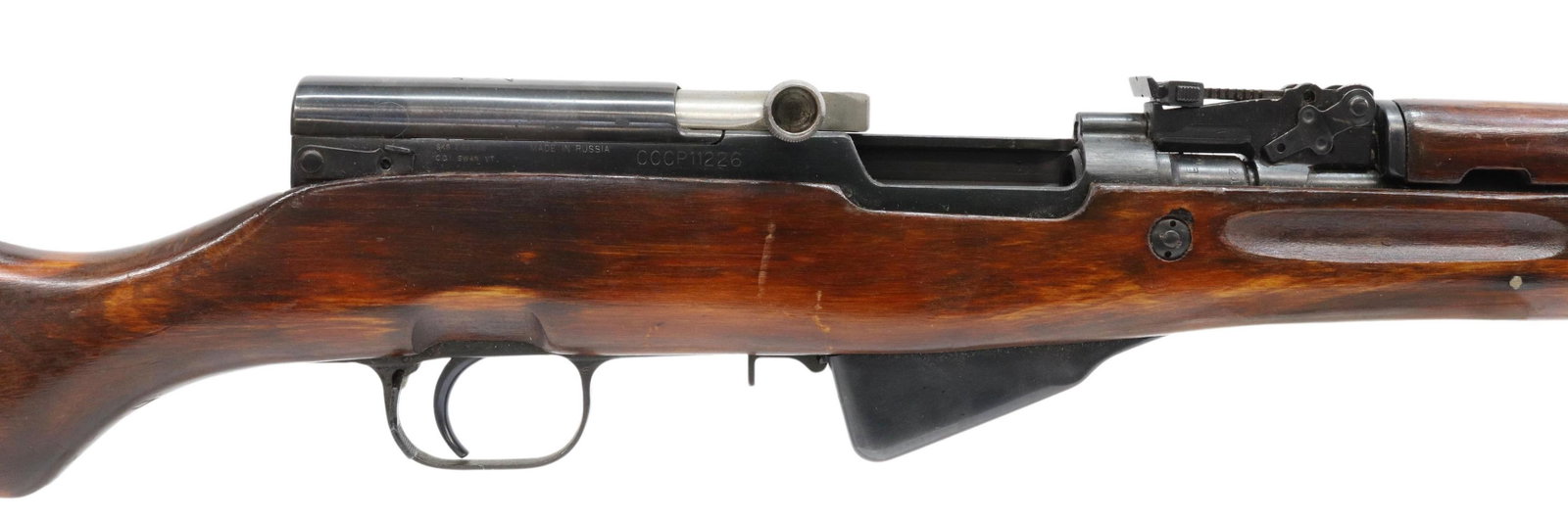RUSSIAN SKS SEMI AUTO RIFLE WITH BAYONET: Russian SKS rifle, semi-automatic, Tula Arsenal, mfg. 1954, 7.62mm caliber, 20" barrel, 1 at hooded front sight, adjustable rear sight, folding bayonet, hardwood stock, butt port with cleaning tools, 