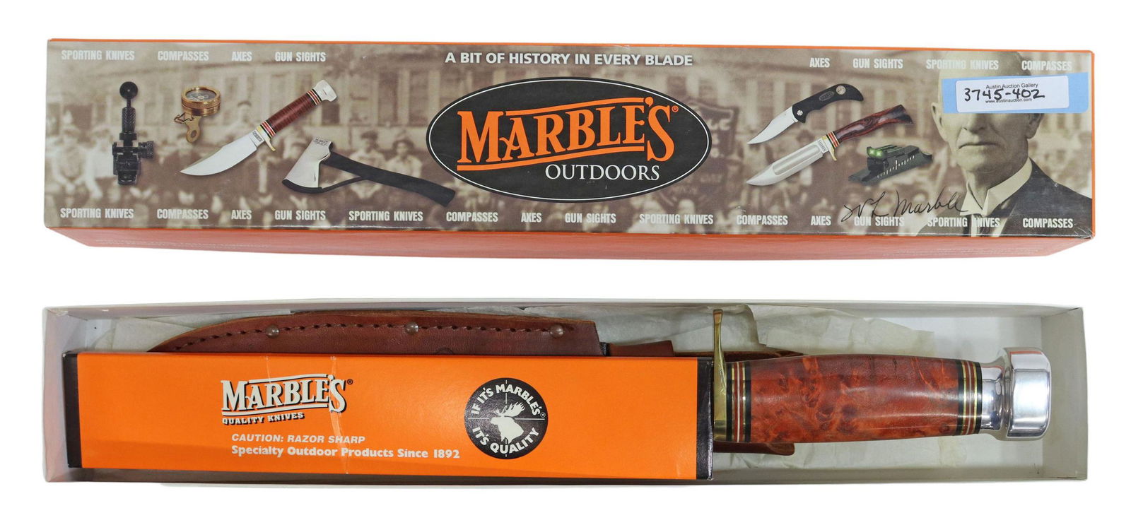 MARBLES FIXED BLADE BURL MAPLE HANDLE KNIFE, BOX: Marbles fixed blade knife, Model MA-1D7MB, 7" clip point blade, brass guard, burl maple handle, blade appears as never used, complete with Marbles leather sheath, original Marbles box: 2"h, 16.25"w, 3