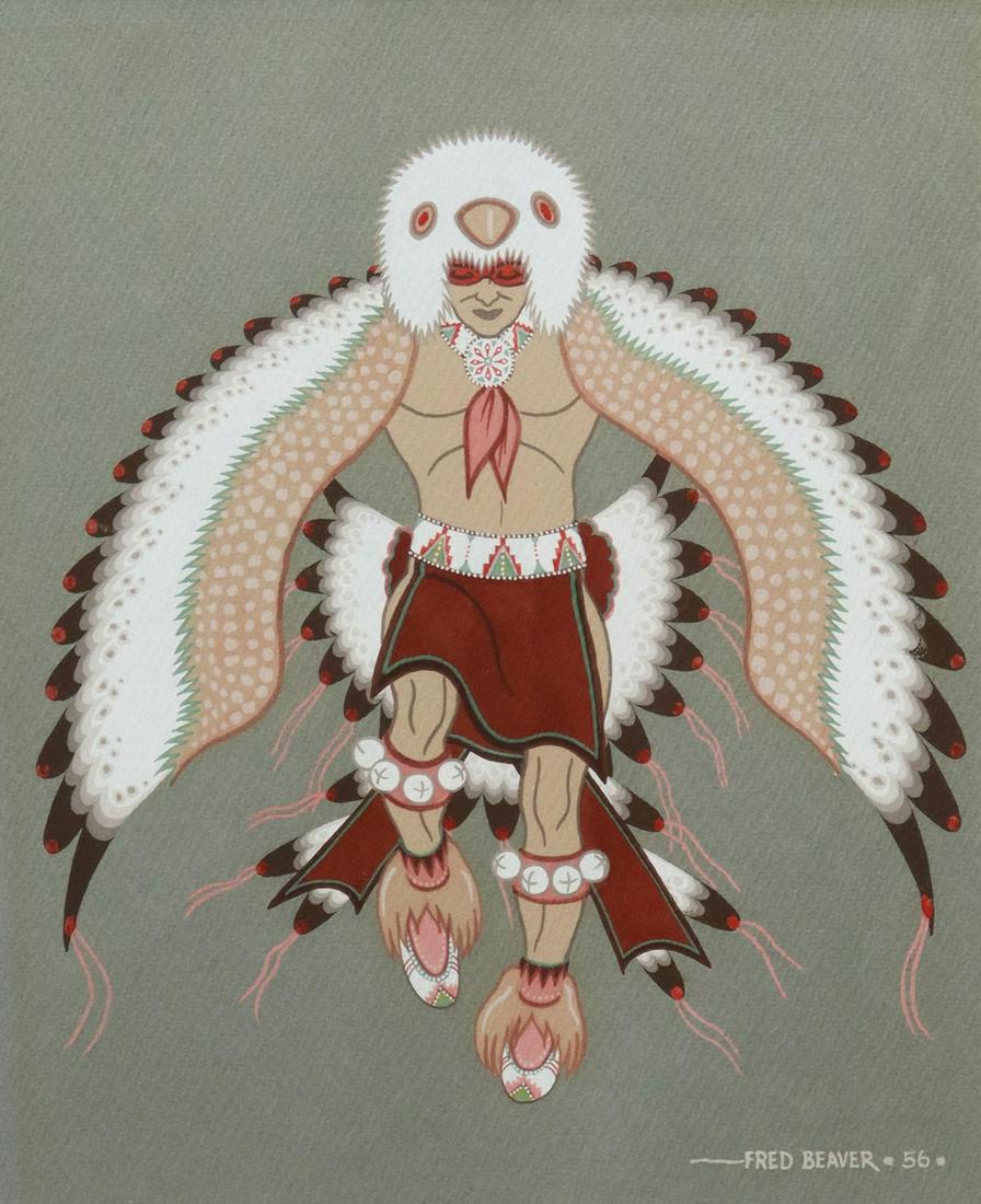 FRED BEAVER (1911-1980) EAGLE DANCER PAINTING: Framed tempera/ gouache painting on paper, Eagle Dancer, signed lower right Fred Beaver (Muscogee Creek-Seminole, 1911-1980), dated 1956, sight: 12.25"h, 10"w, overall: 19.75"h, 16.25"w, 3lbs Start Pr