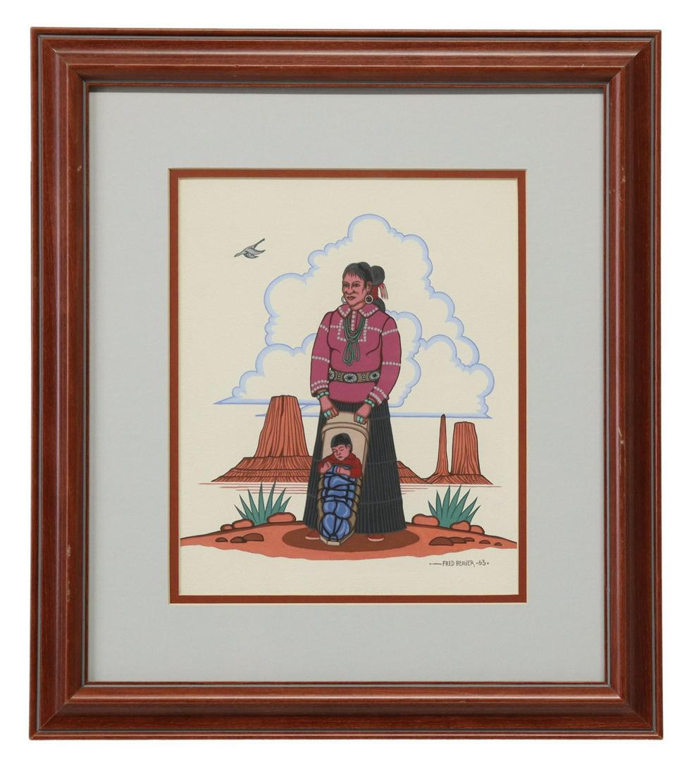 FRED BEAVER (1911-1980) NATIVE AMERICAN FAMILY: Framed tempera painting on paper, Mother and Child, signed lower right Fred Beaver (Oklahoma, Native American, Okfuskee, Muscogee tribe, 1911-1980), dated 1963, sight: 10.75"h, 8.75"w, overall: 18.25"