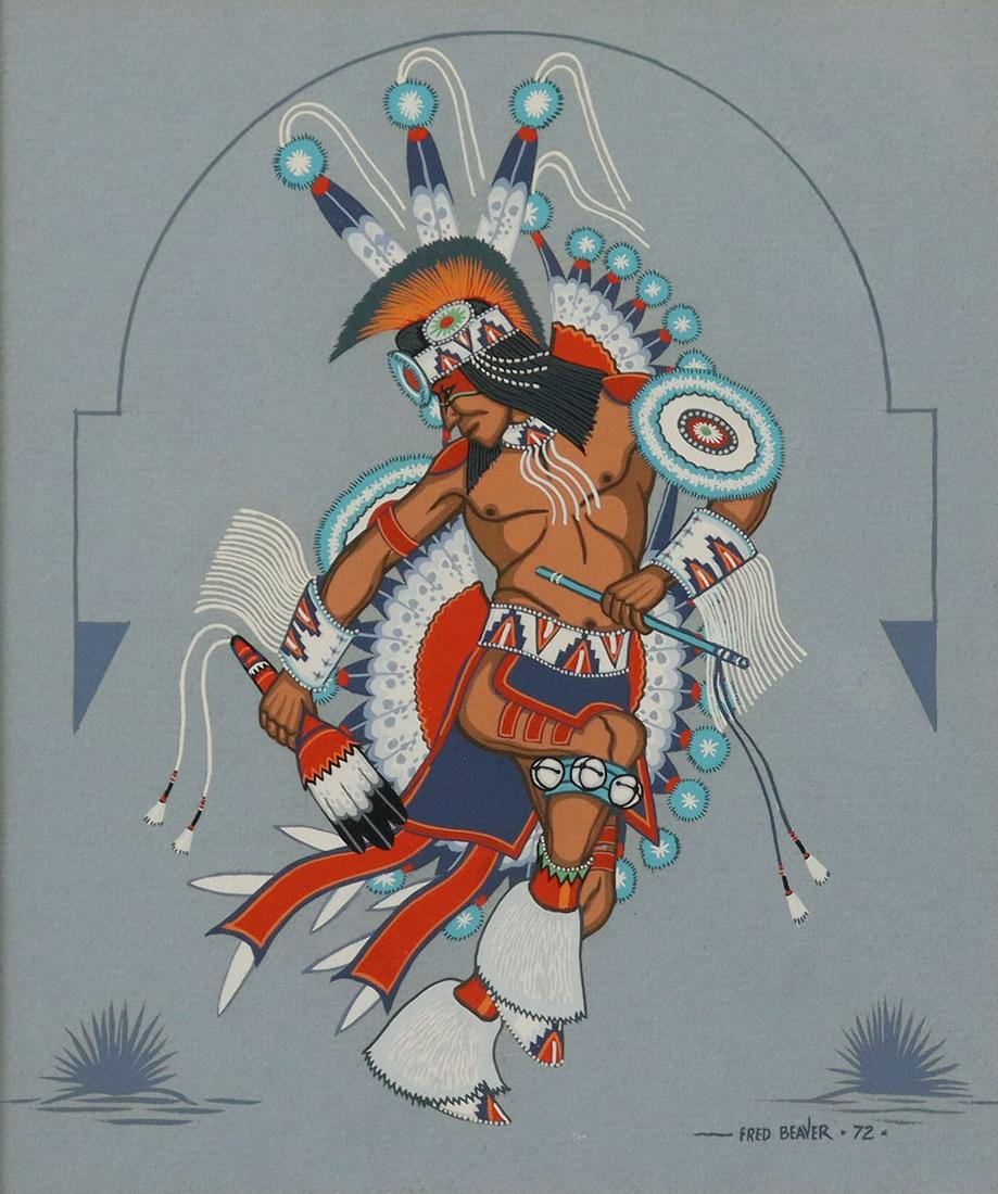 FRED BEAVER (1911-1980) NATIVE AMERICAN WAR DANCE: Framed tempera painting on paper, War Dance, signed lower right Fred Beaver, (Oklahoma, Native American, Okfuskee, Muscogee tribe, 1911-1980), dated 1972, sight: 11.25"h, 9.5"w, overall: 18.25"h, 16.2