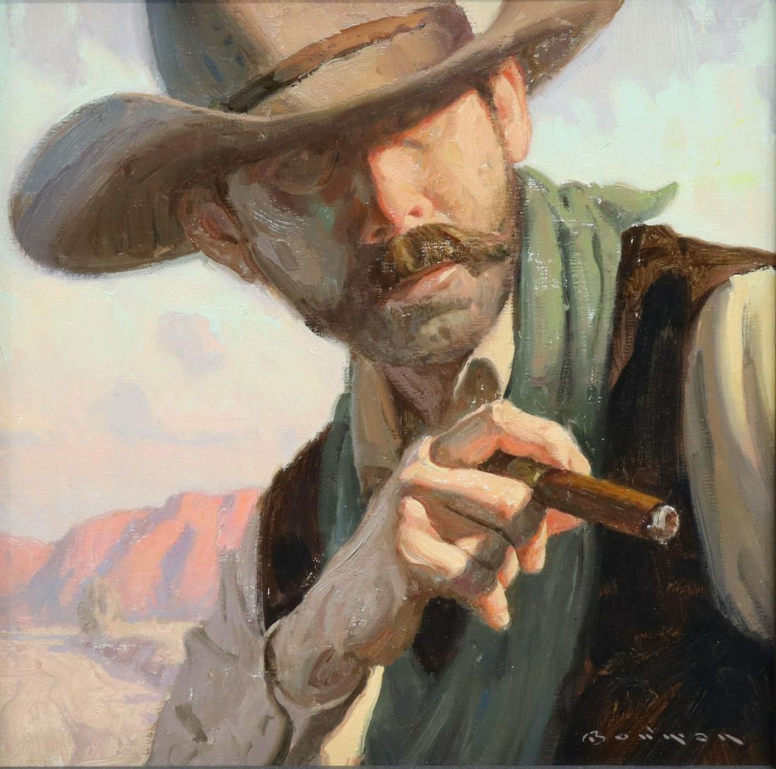 ERIC BOWMAN (B.1960) WESTERN COWBOY PAINTING: Framed oil painting on Masonite, "You Sure Talk A Lot," signed lower right Bowman (Eric Bowman, Oregon, b.1960), dated 2017, sight: approx 11 5/8"h, 11 5/8"w, overall: approx 16.75"h, 16.75"w, 2.5lbs