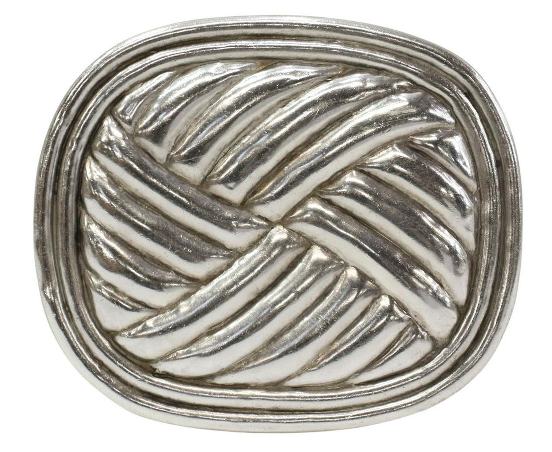 WILLIAM SPRATLING (1900-1967) SILVER PETATE BROOCH: Modernist silver "Petate" pendant brooch, William Spratling (United States, Mexico, 1900-1967), c.1940s, with raised geometric design, pendant bail likely added later, approx 2.5"h, 3"w, 1.73ozt Start