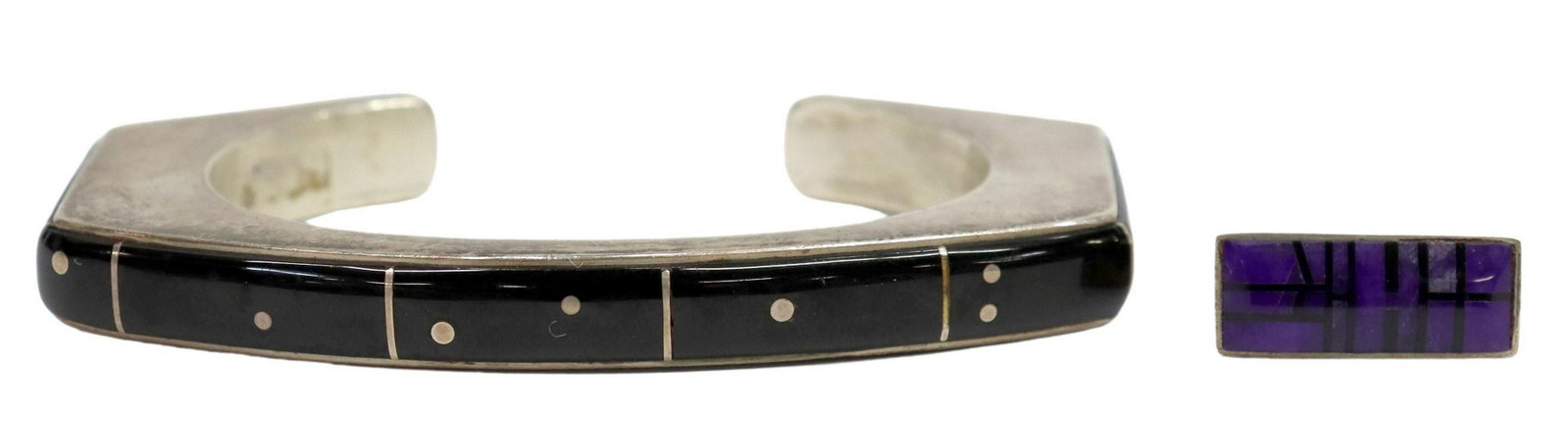 (2) NAVAJO JIM HARRISON SILVER & STONE JEWELRY: (lot of 2) Native American silver (content unknown) chanel inlay jewelry: (1) cuff bracelet, signed Jim Harrison (Navajo), chanel set black jet with mirco-silver accents, interior: approx 5", gap: app