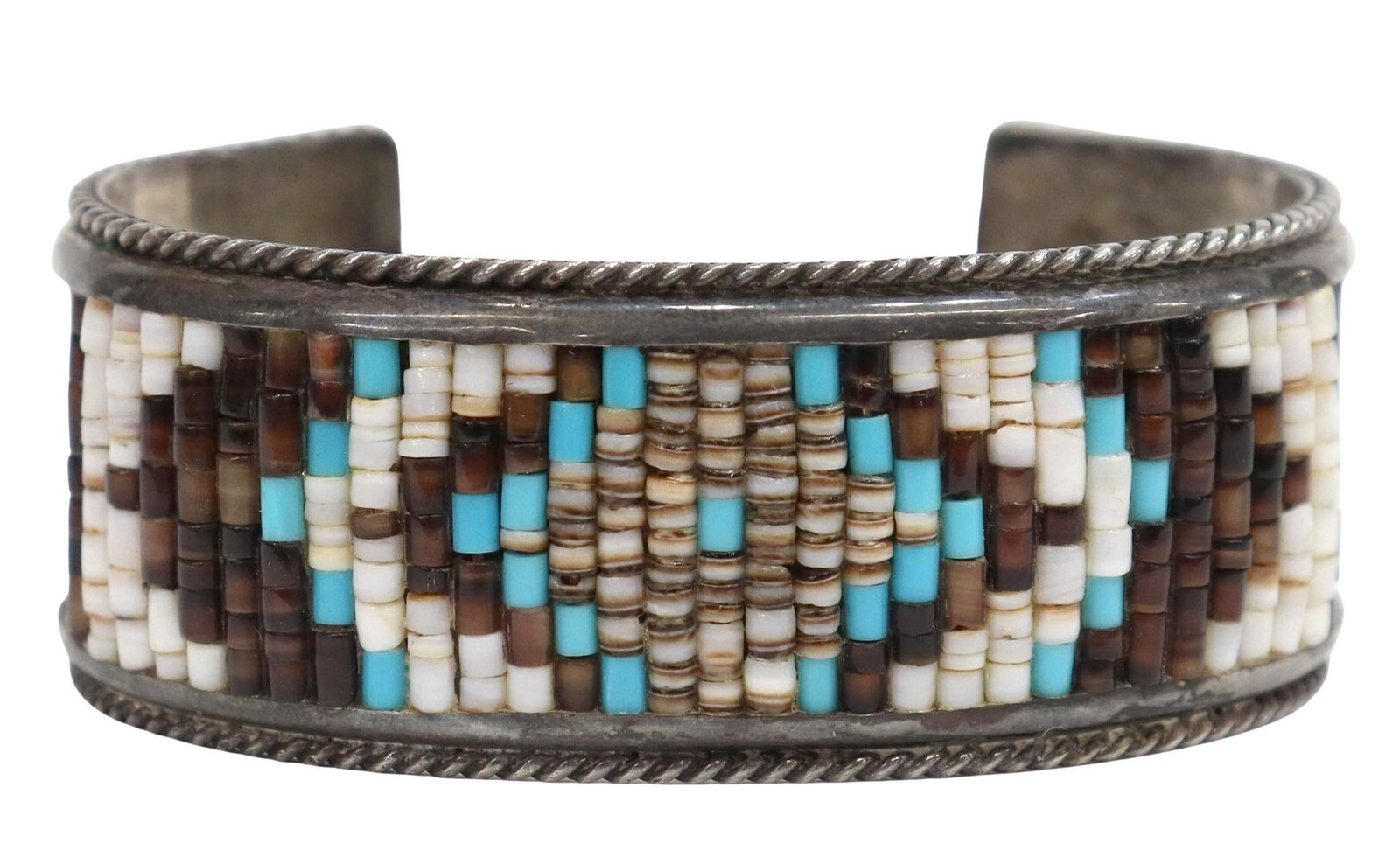 NATIVE AMERICAN TURQUOISE & HEISHI BEAD CUFF: Native American silver (content unknown ) cuff bracelet, signed LC, with heishi shell and turquoise beads, twisted wire border, approx 1"w, interior: (end to end) approx 5.5"l, gap: approx 1 1/8"w, 46