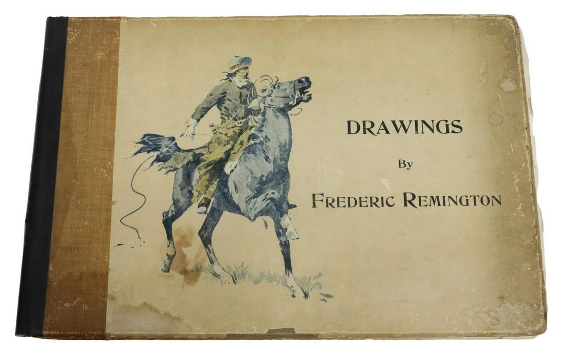 BOOK: 'DRAWINGS FREDERIC REMINGTON' 1ST ED. 1897: Book: "Drawings by Frederic Remington," New York, R.H. Russell, 1897, first edition, 60 plates, tears, loose pages, taped spine, approx 11.75"h, 17.75"w, 1"d, 6lbs Start Price: $150.00