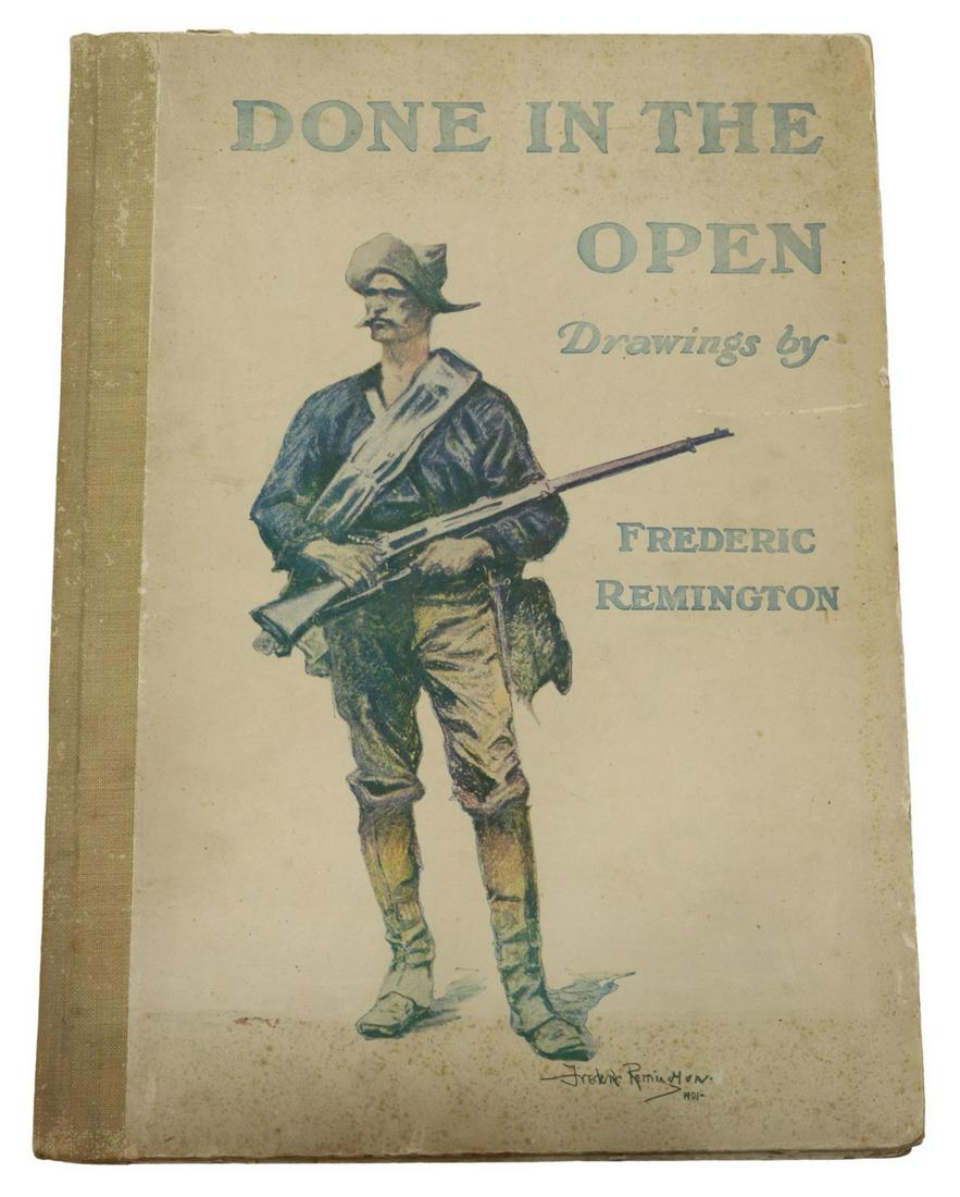 BOOK: REMINGTON 'DONE IN THE OPEN' DRAWINGS: Book: "Done in the Open: Drawings by Frederic Remington," New York, copyright P.F. Collier and Robert Howard Russell, 1902, includes two-page color plate "Caught In the Circle," drawings accompanied b