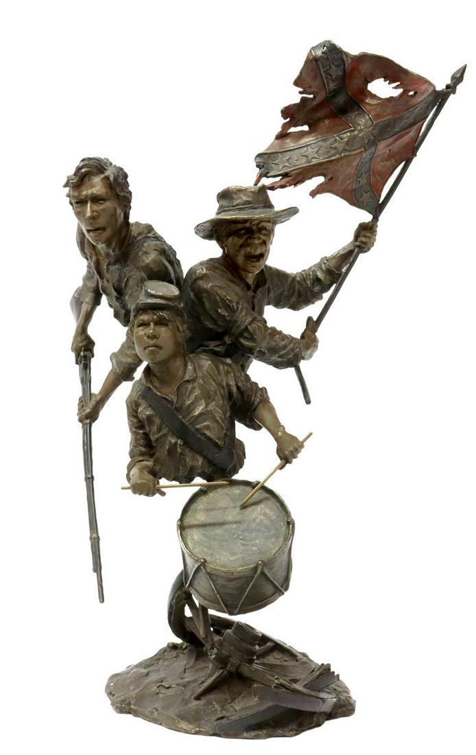 MARK HOPKINS BRONZE CIVIL WAR SCULPTURE: Bronze Civil War sculpture, "Sons and Brothers," signed in the cast Mark Hopkins (Colorado, Georgia, 20th/ 21st C.), dated 1992, numbered 75/ 250, flagpole bent forward, approx 16.75"h, 12"w, 8.5"d, 1