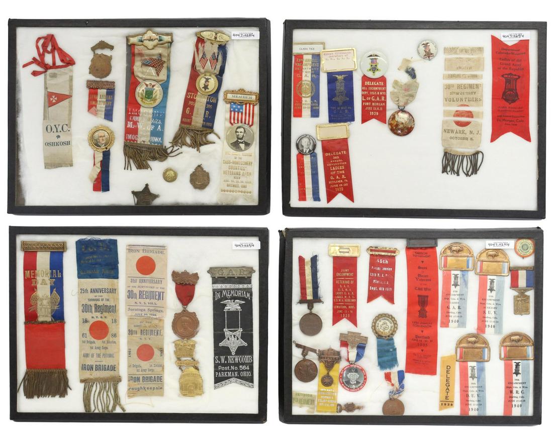 U.S. CIVIL WAR VETERAN BADGES, RIBBONS, G.A.R.: Post U.S. Civil War Grand Army of the Republic reunion ribbons: (1) Company D, 30th Regiment, New York, 1st Division, 1st Brigade, Army of The Potomac, 1886 The Iron Brigade; (2) partial ribbons of th