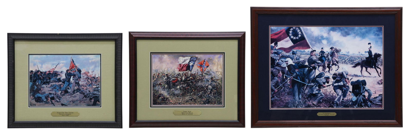 (3) FRAMED CIVIL WAR PRINTS AFTER DON TROIANI: (lot of 3) Framed Civil War prints, after the originals by Don Troiani (New York, b.1949), including: (1) "Up Alabamians," 4th Alabama at First Bull Run, July 21, 1862, partial signature lower right,