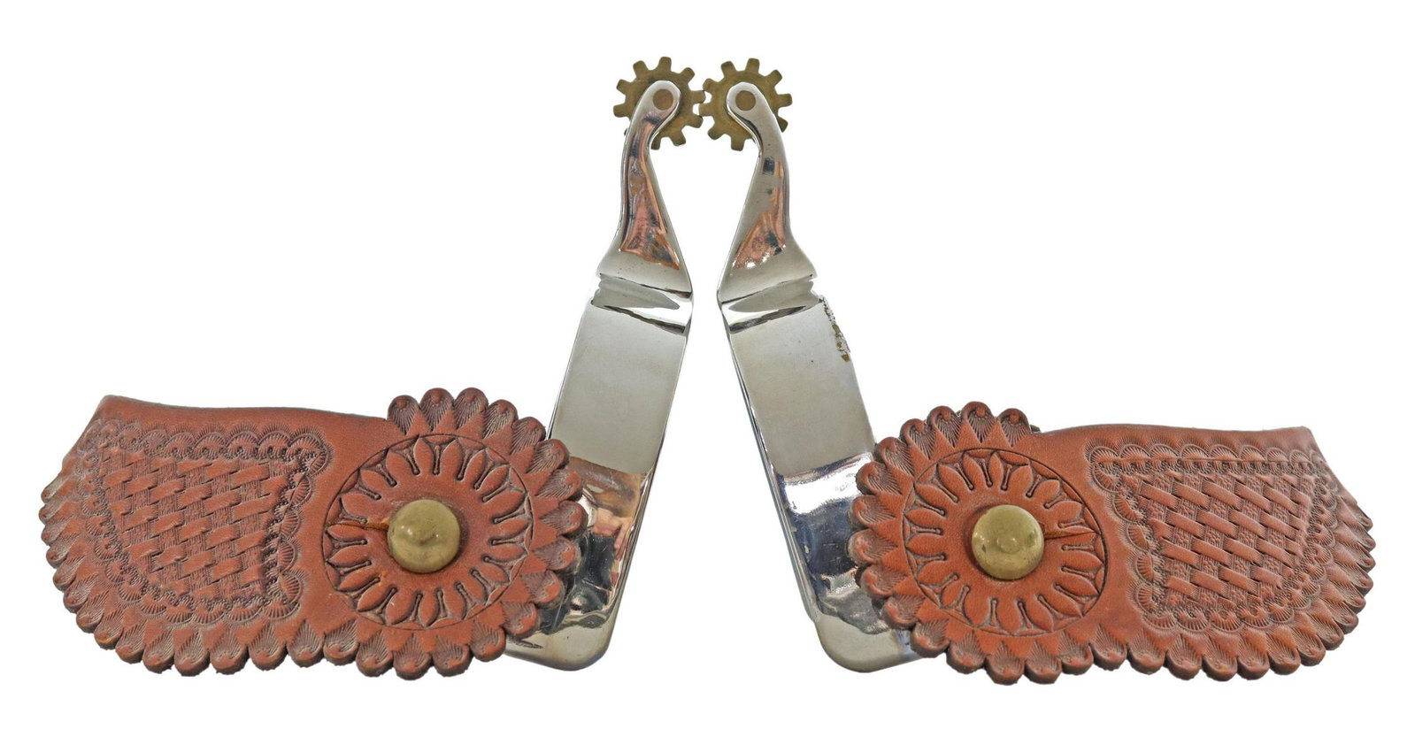 (PAIR) ED SIMS, UVALDE, TEXAS COWBOY SPURS: (pair) Cowboy spurs, signed Sims (Ed Sims, Uvalde, Texas), nickel plated, 10 point 7/8" rowels, Buddie Foster tooled leathers, yoke: approx 3.25"w, 3.25"d Start Price: $100.00
