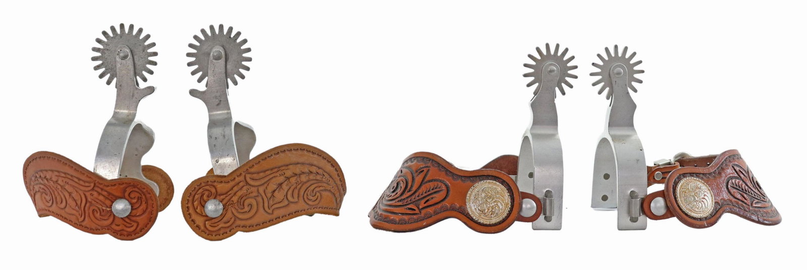(2 PAIR) CROCKETT RENALDE & OTHER COWBOY SPURS: (lot of 2 pairs) Cowboy Spurs, aluminum, including: (1) marked at the swing arm CR for Crockett Renalde, 16 point 2" rowels, tooled belt buckle leathers, yoke: approx 3"w, 2 7/8"d, (1) unmarked, 20 po