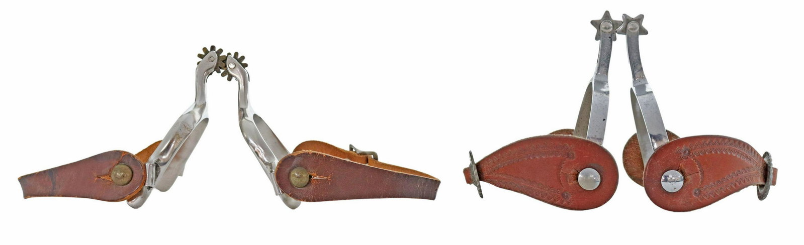 (2 PAIR) COWBOY SPURS, UNMARKED: (lot of 2 pairs) Cowboy spurs, including: (1) unmarked, nickel plated, 10 point 1" rowels, leather buckle straps, yoke: approx 3"w, 3"d; (1) unmarked, plated with rust showing, 5 point 1" rowels, conc