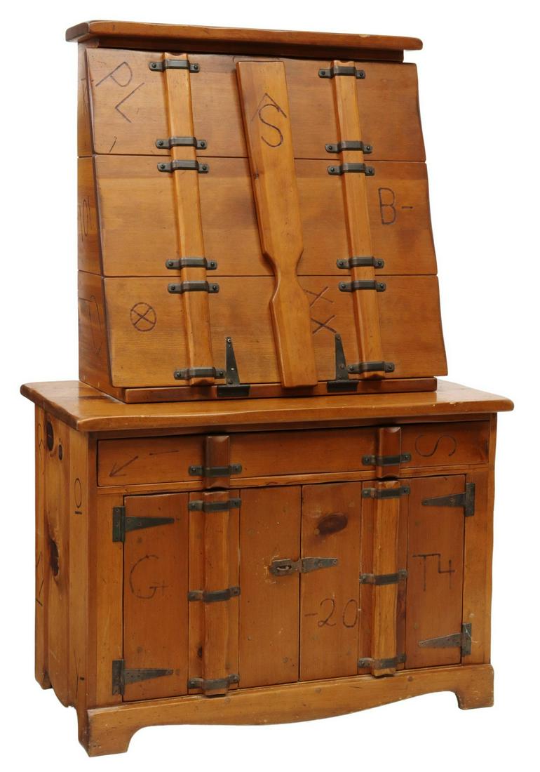 W.R. DALLAS PINE CHUCK WAGON SECRETARY DESK: American ponderosa pine chuck wagon secretary desk, W.R. Dallas Furniture, 20th c., case fitted with drop front work surface, opening to shelved interior, supported by shaped hinged leg, over single d