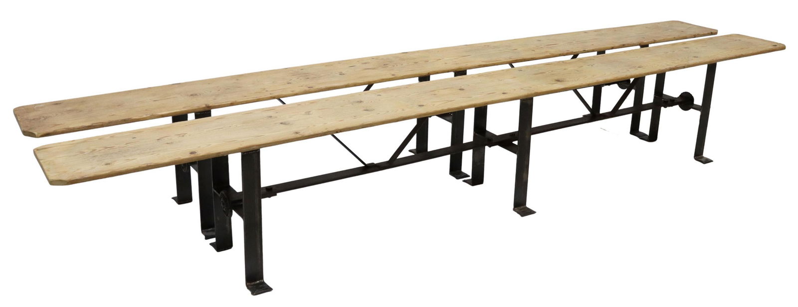 (2) RUSTIC WAXED PINE CAST IRON BASE BENCHES 130"L: (pair) Large rustic dining benches, late 20th c., waxed pine plank seat, three cast iron supports, joined by cross stretcher, approx 19"h, 130"l, 15.75"w Start Price: $400.00